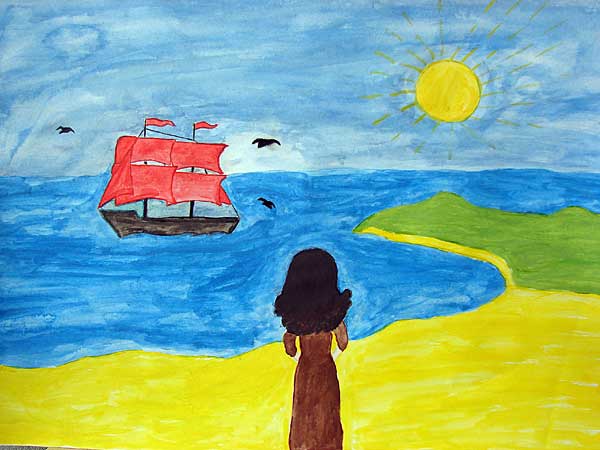 Ассоль на берегу моря встречает свои алые паруса мечты