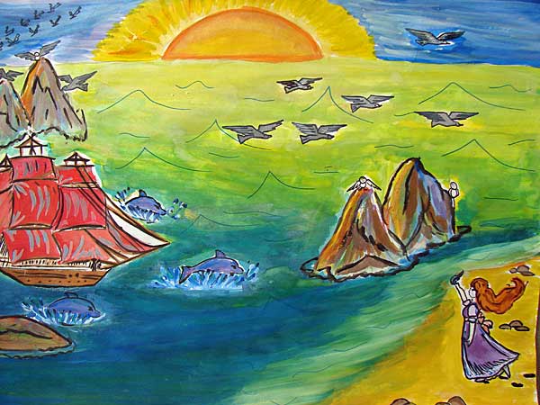 Дельфиний эскорт алых парусов. Иллюстрация по мотивам феерии А. С. Грина